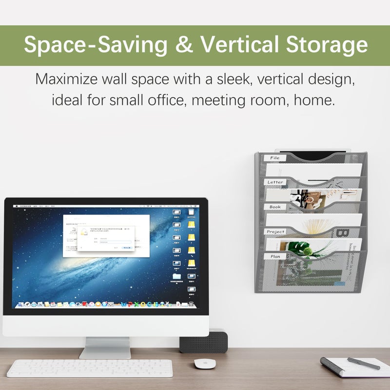 EasyPAG 5 Pocket Mesh Wall File Organizer, Hanging Paper Folder Holder with Classify Label, Vertical Wall Mount Mail Organizer for Office Home Classroom, Silver - Image 2